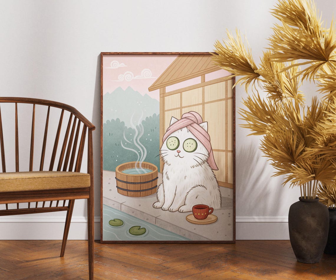 White Cat Spa Day Onsen Cucumber Cute Japanese Relaxation Poster