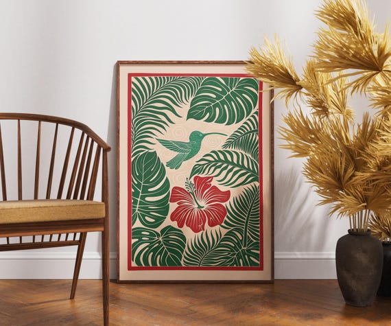 Vintage Hummingbird Poster Linocut Tropical Bloom Art Retro Nature Wall Decor Boho Floral Illustration Exotic Bird Print Unique Gift