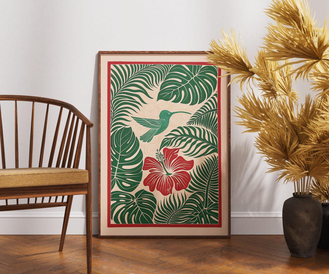 Vintage Hummingbird Poster Linocut Tropical Bloom Art Retro Nature Wall Decor Boho Floral Illustration Exotic Bird Print Unique Gift