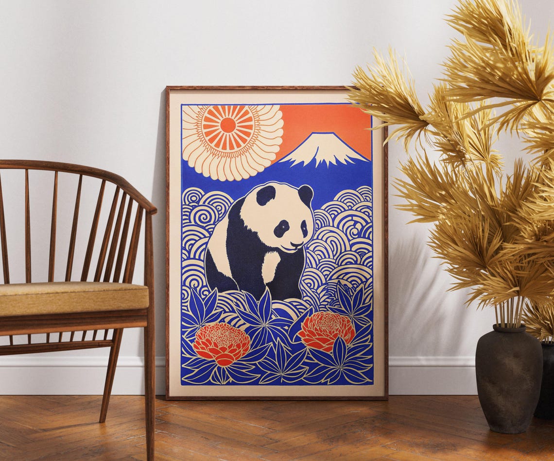 Vintage Panda Poster Linocut Chrysanthemum Fuji Art Retro Asian Wall Decor Boho Nature Illustration Zen Botanical Print Unique Gift