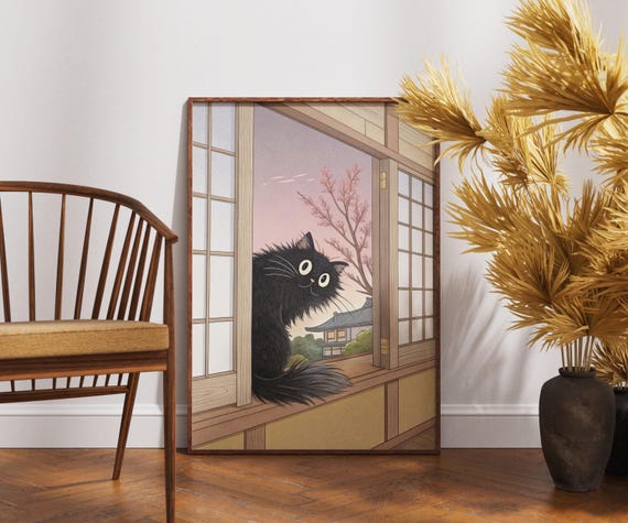 Black Cat Looking Out Japanese Window Art Cozy Sunset Zen Print Japandi Wall Decor Minimalist Cute Poster