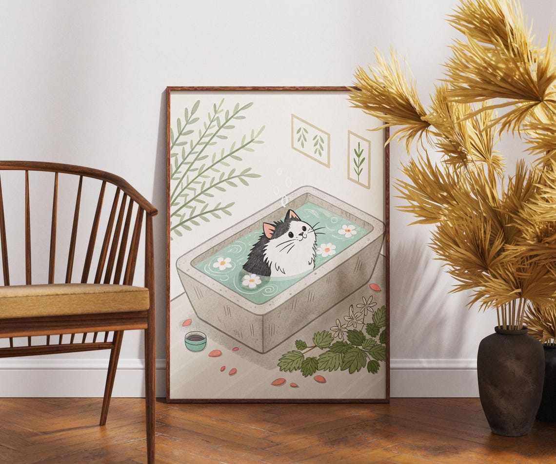 Black White Cat Spa Bath Poster Cute Japanese Soaking Tub Kawaii Art