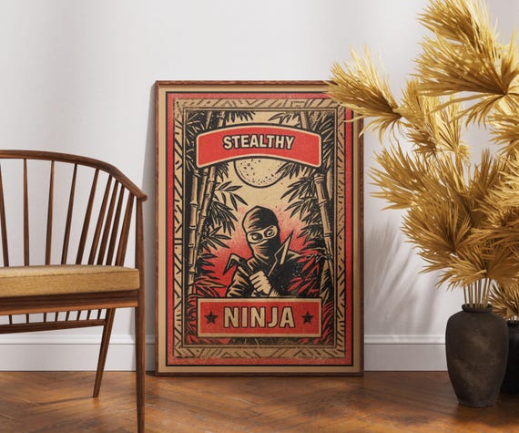 Vintage Ninja Poster Stealth Warrior Matchbox Art Retro Japan Print Shinobi Illustration Traditional Martial Arts Decor
