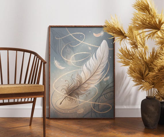 Mystical Feather Wall Art Boho Dreamy Print Floating Poster Soft Spiritual Artwork Ethereal Sky Inspired Decor