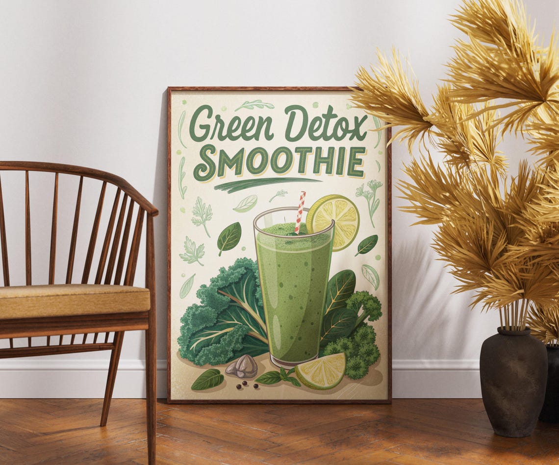 Vintage Green Detox Smoothie Poster Kale Lime Wellness Retro Art