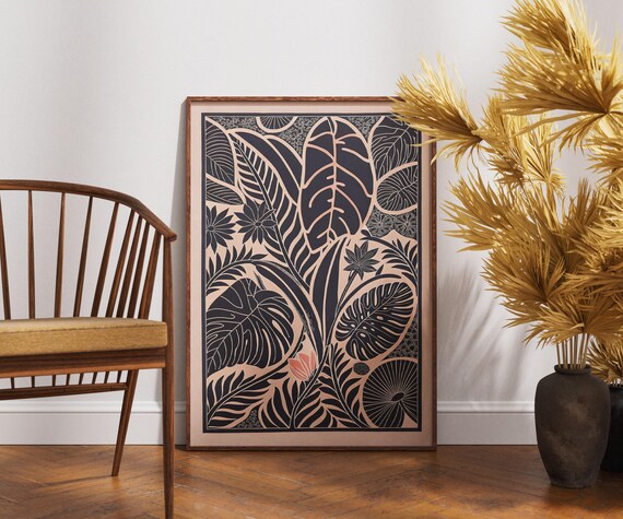 Vintage Jungle Poster Linocut Exotic Harmony Art Retro Nature Wall Decor Boho Tropical Illustration Botanical Print Unique Gift
