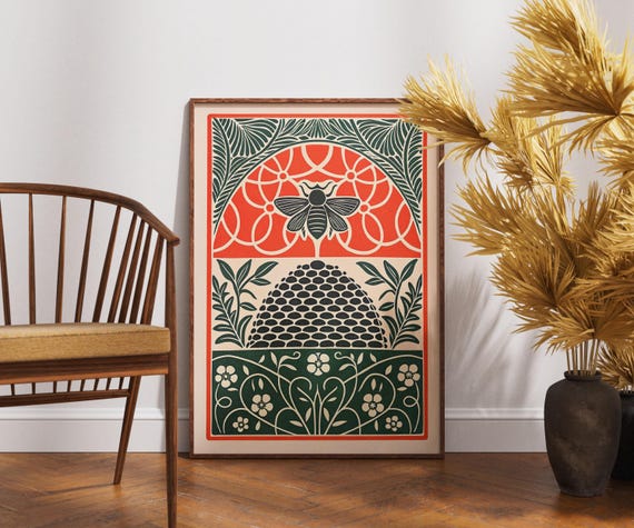 Vintage Linocut Bee Poster Honeycomb Ornament Design Rustic Wall Art Print Natureinspired Decor Farmhouse Style Artwork