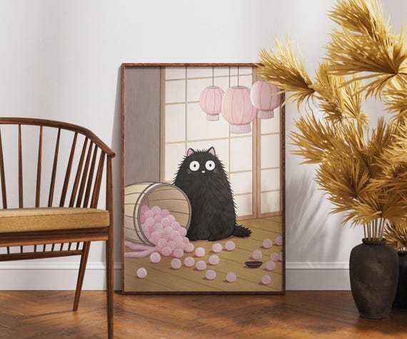 Funny Black Cat With Mochi Balls Art Japandi Japanese Room Decor Kawaii Food Wall Print Minimalist Cozy Illustration Cute Poster