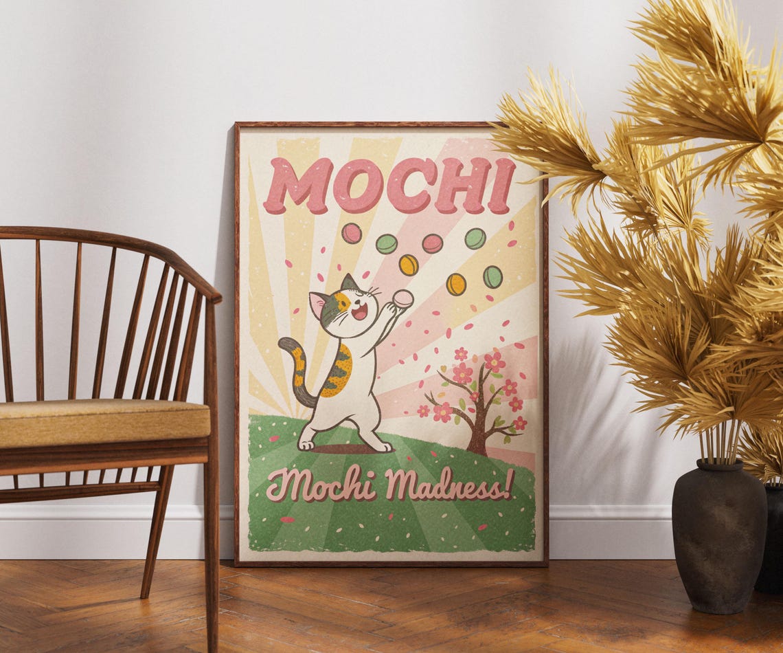 Mochi Madness Cat Poster Kawaii Retro Japanese Sweet Treat Art