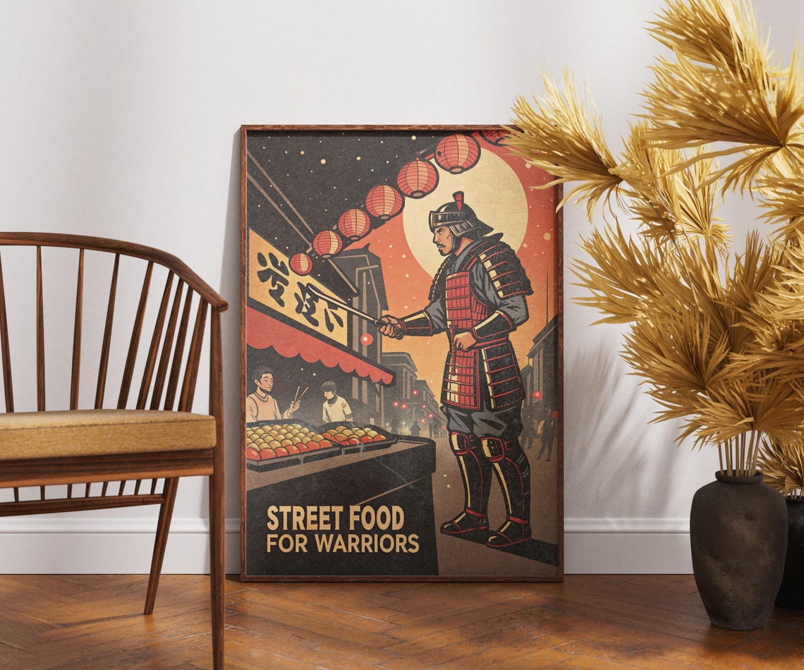Street Food For Warriors Samurai Night Market Lanterns Japanese Poster