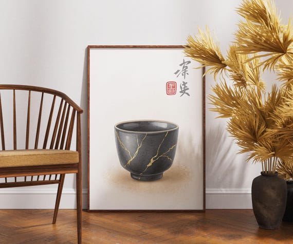 Kintsugi Bowl Art Print Japanese Broken Pottery Illustration With Gold Repair Lines Wabi Sabi Zen Decor Meaningful Healing Artwork