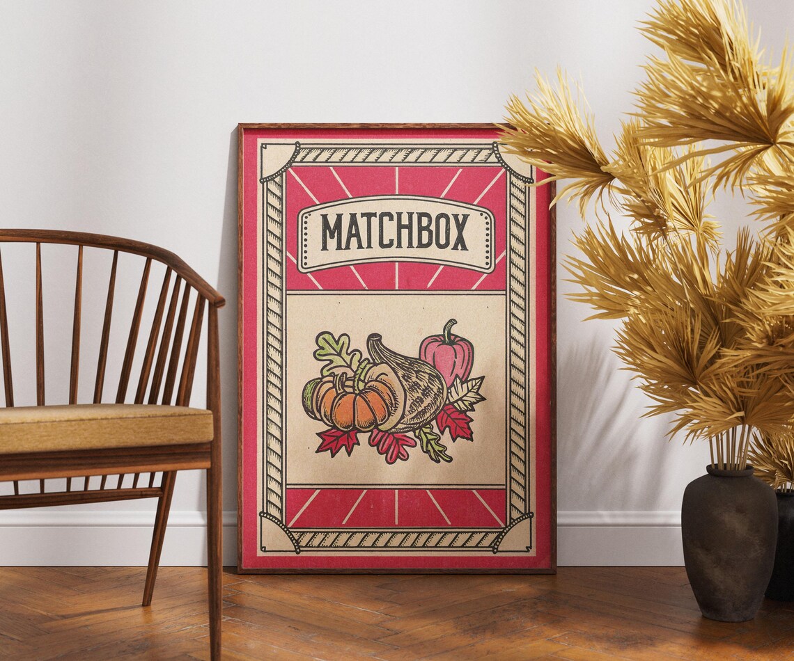Vintage Fall Harvest Pumpkins Matchbox Style Autumn Art Poster