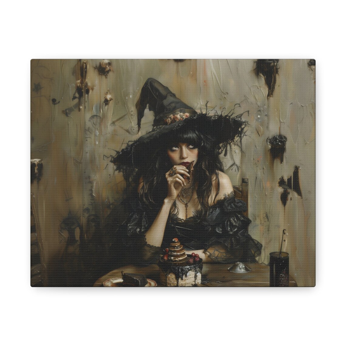 Spooky Witch Eating Cake Gothic Halloween Dark Academia Painting Poster - Image 2