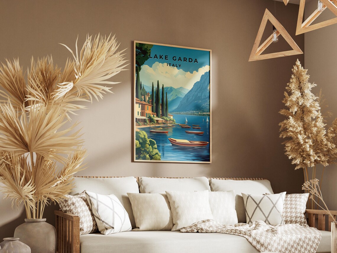 Lake Garda Italy Wooden Boats Lakeside Mountains Travel Art Poster - Image 3