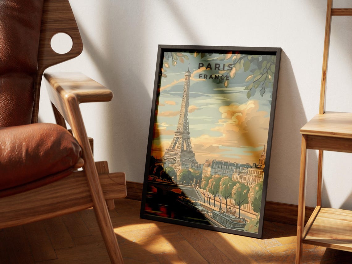 Paris France Eiffel Tower Seine River Vintage Illustration Poster - Image 4