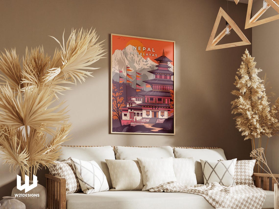 Nepal Himalayas Temple Peaks Sunset Vintage Illustration Poster - Image 2