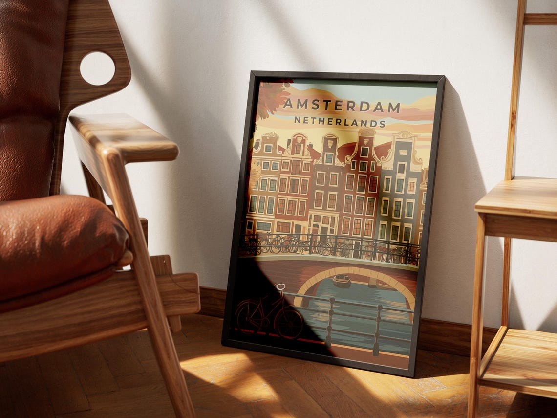 Amsterdam Netherlands Canal Bridge Bicycle Illustration Poster - Image 4