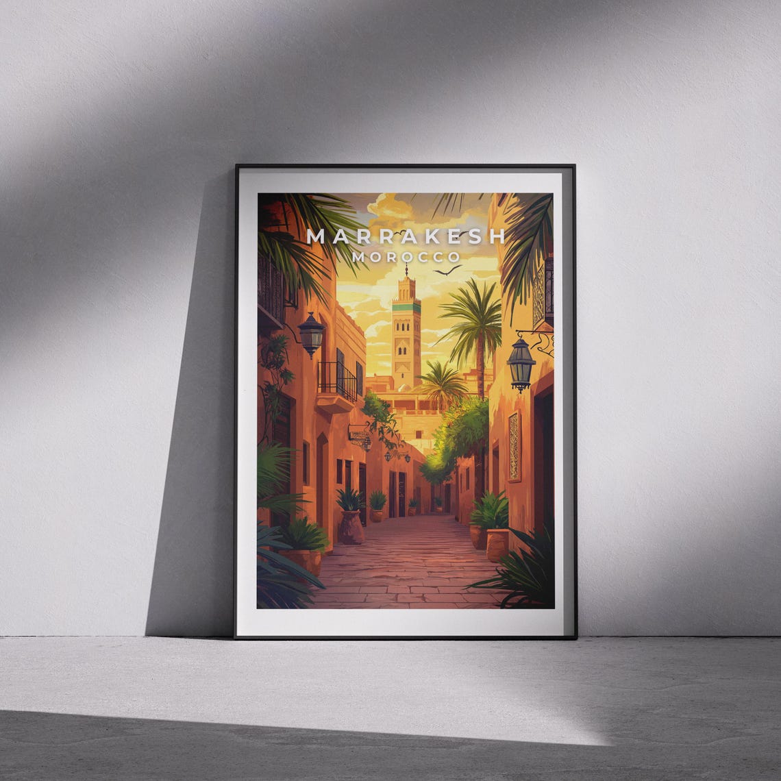 Marrakesh Morocco Medina Street Minaret Sunset Illustration Poster