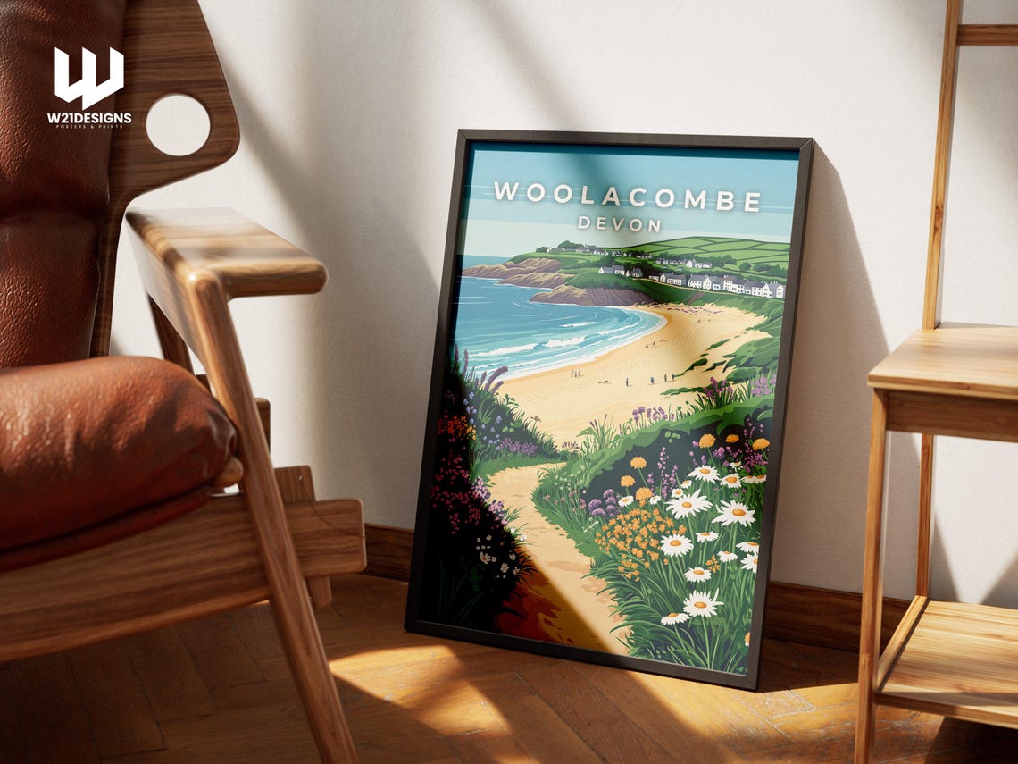 Woolacombe Devon Beach Path Wildflowers Coast Illustration Poster - Image 3