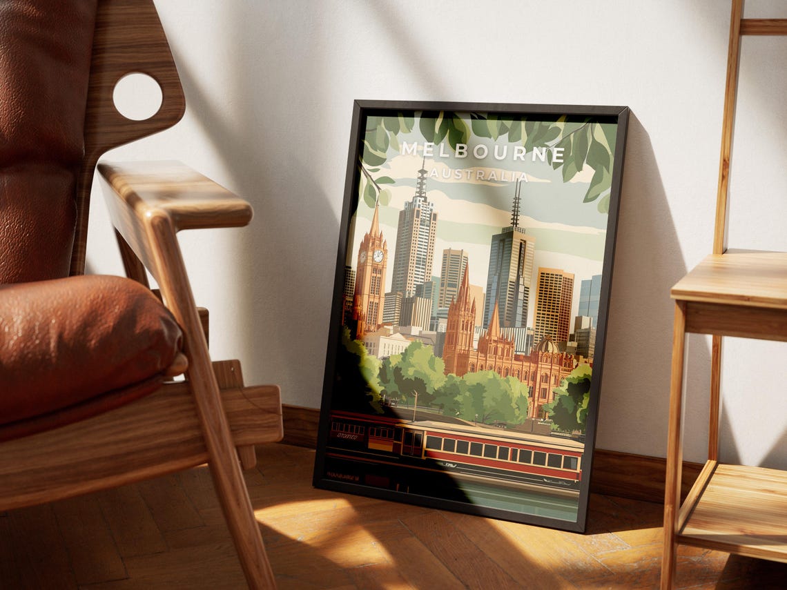 Melbourne Australia Skyline Tram Vintage Illustration Poster - Image 4