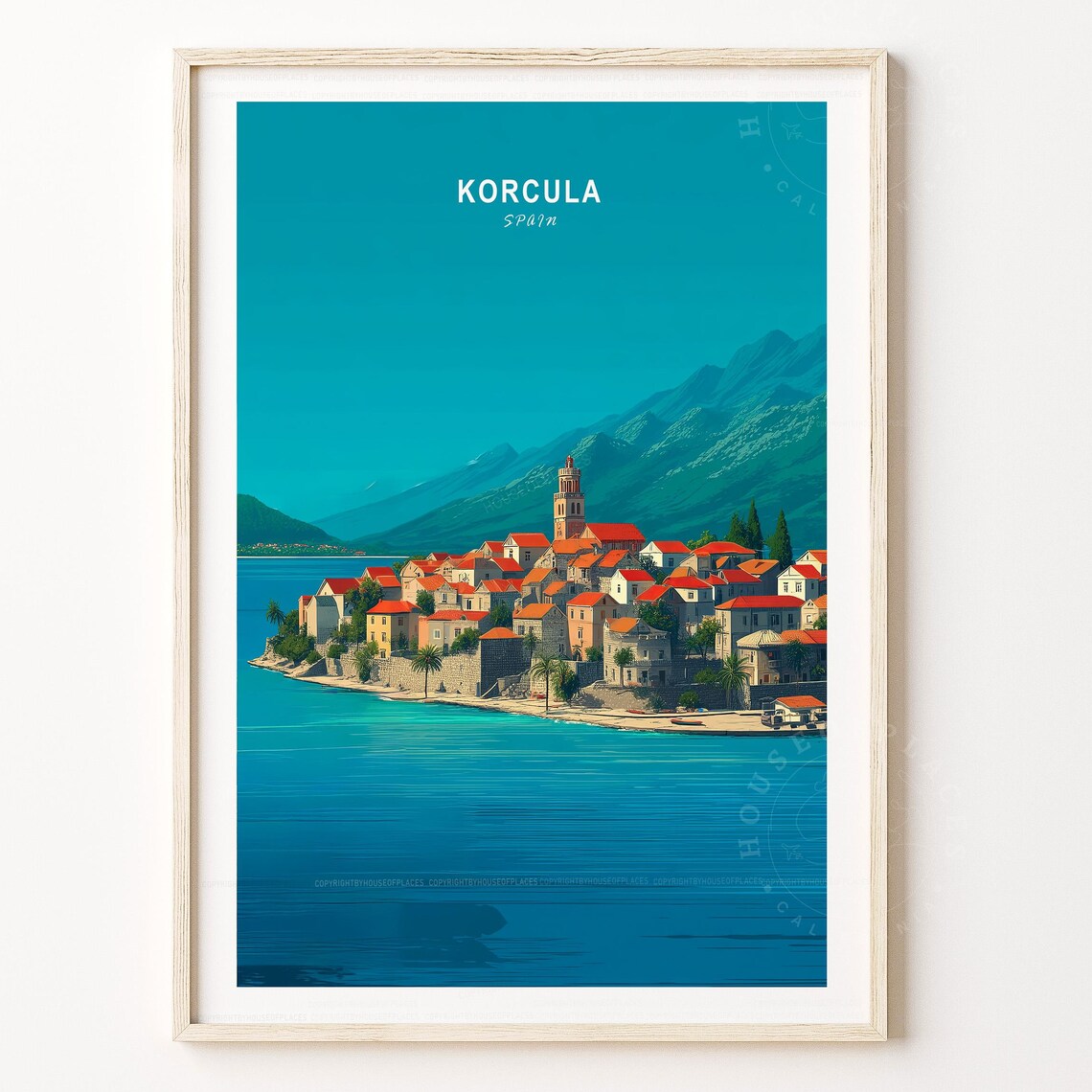 Korcula Spain Travel Poster Coastal Red Roof Old Town Sea View