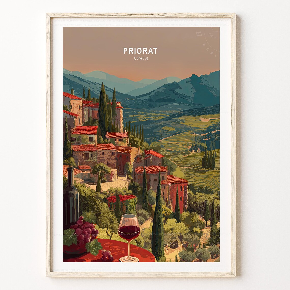 Priorat Spain Hilltop Village Red Wine Sunset Valley Travel Poster