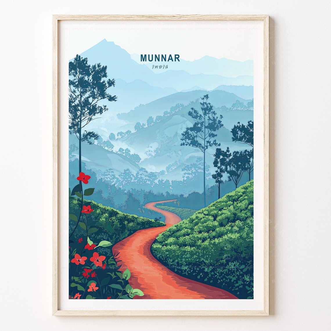 Munnar India Misty Blue Mountains Tea Trail Red Path Travel Poster
