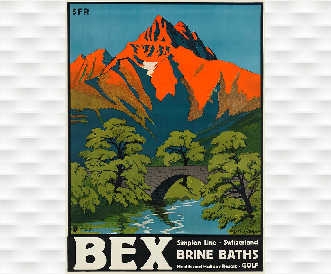 Bex Switzerland Vintage Travel Poster Alpine Peak Brine Baths Golf