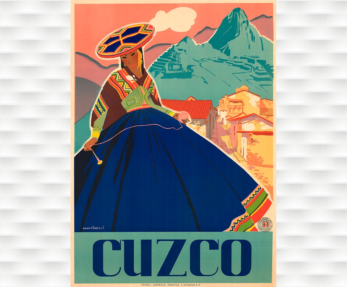 Cuzco Peru Machu Picchu Colorful Andean Folk Art Travel Poster