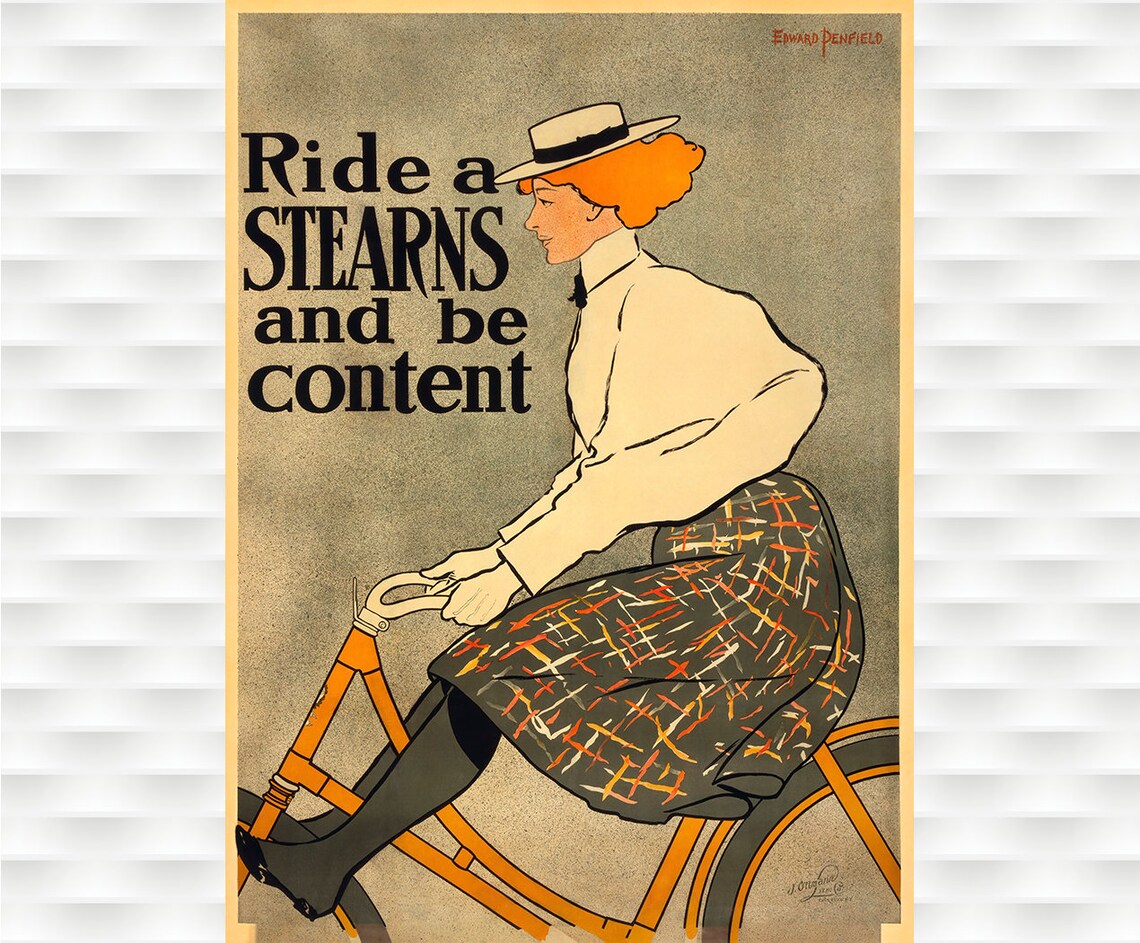 Ride a Stearns and Be Content Penfield Woman Bicycle Vintage Poster