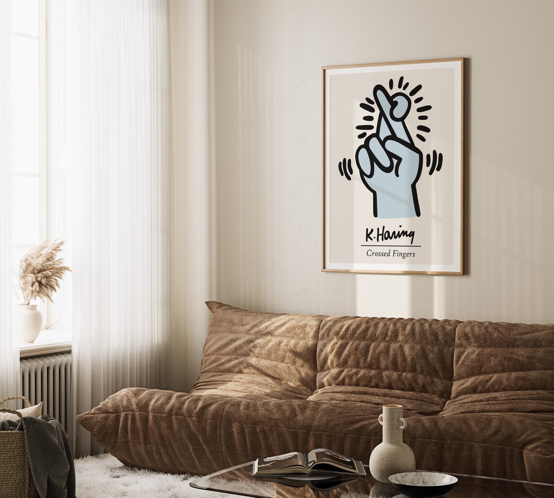 Keith Haring Crossed Fingers Pale Blue Lucky Hand Pop Art Poster - Image 3