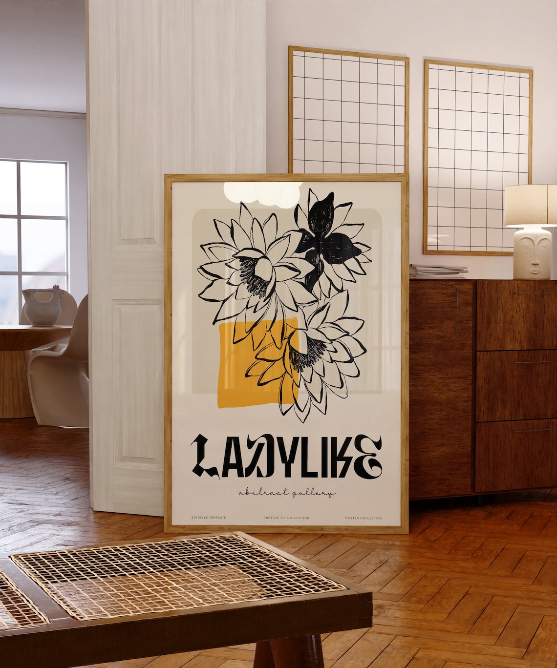 Ladylike Abstract Gallery Floral Print with Black Ink Blooms on Cream - Image 4