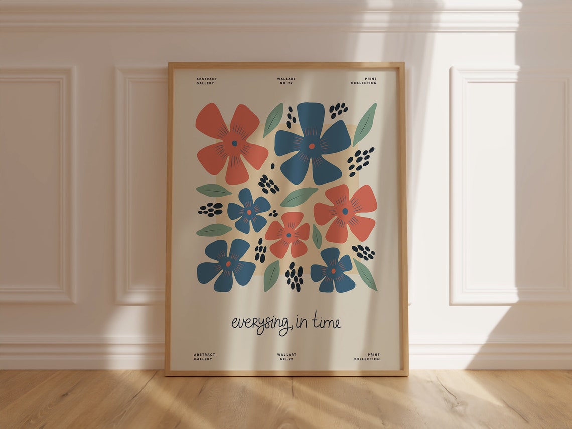 Scripted Phrase Red Blue Floral Abstract Gallery Style Poster