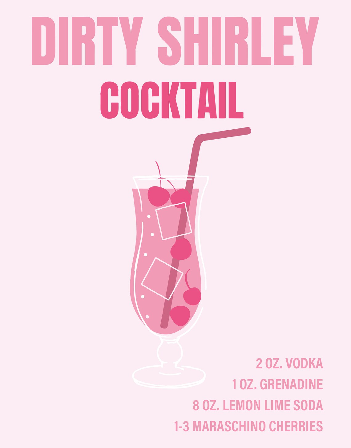 Dirty Shirley Cocktail Recipe Blush Pink Retro Bar Drink Poster - Image 5