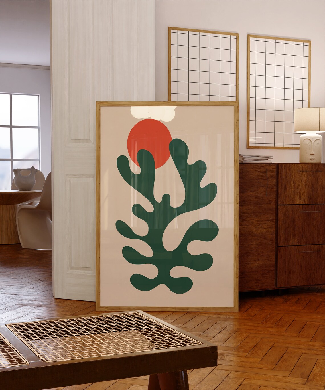 Matisse Style Deep Green Cutout Leaf Red Sun Abstract Art Poster - Image 5
