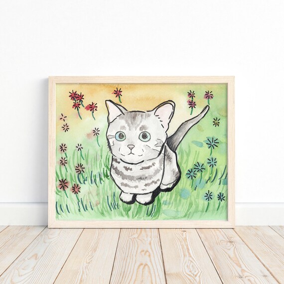 Whimsical Cat, Cute Watercolor Pet Lover Decor