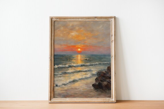Sunset Print Vintage Oil Painting Idyllic Landscape Sea In The Evening Wall Art
