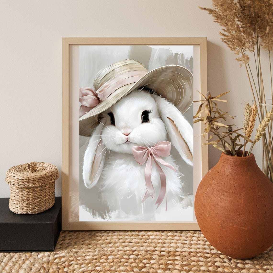 Sweet White Bunny In Sun Hat With Pink Bow Nursery Wall Poster