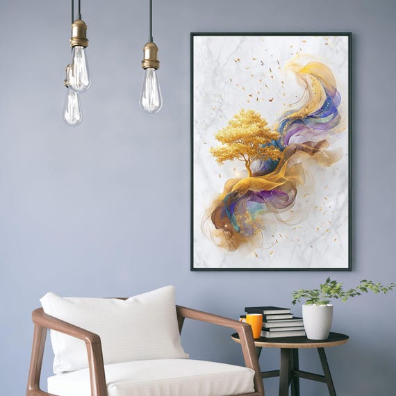 Golden Tree Spirit Abstract Marble Wall Art Gold Blue Decor