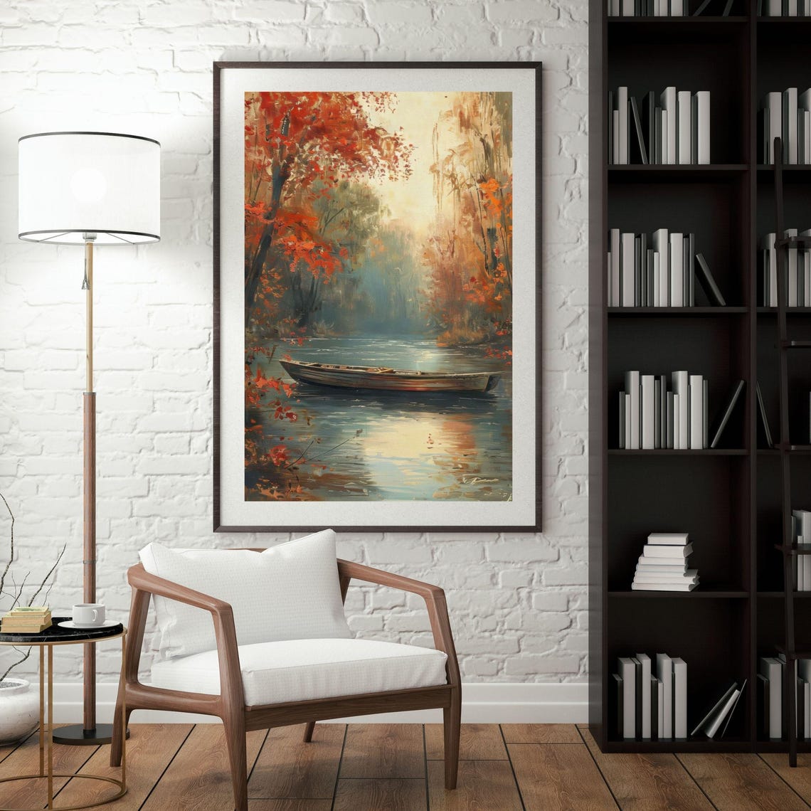 Fiery Red Autumn River With Wooden Boat Fall Landscape Poster