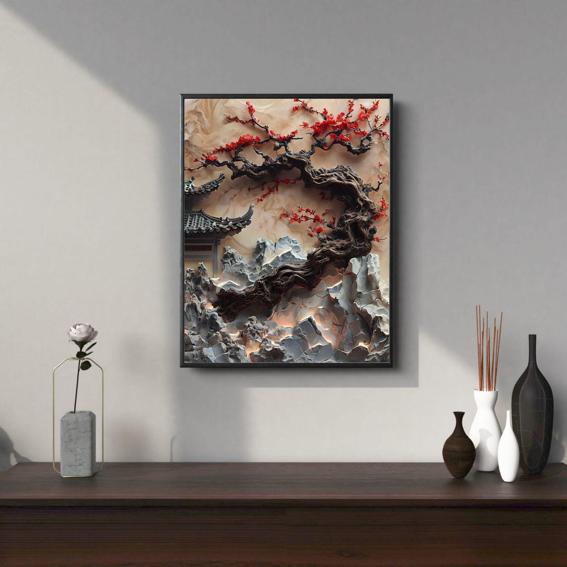Red Blossom Bonsai Tree Pagoda Asian Mountain Relief Art Poster