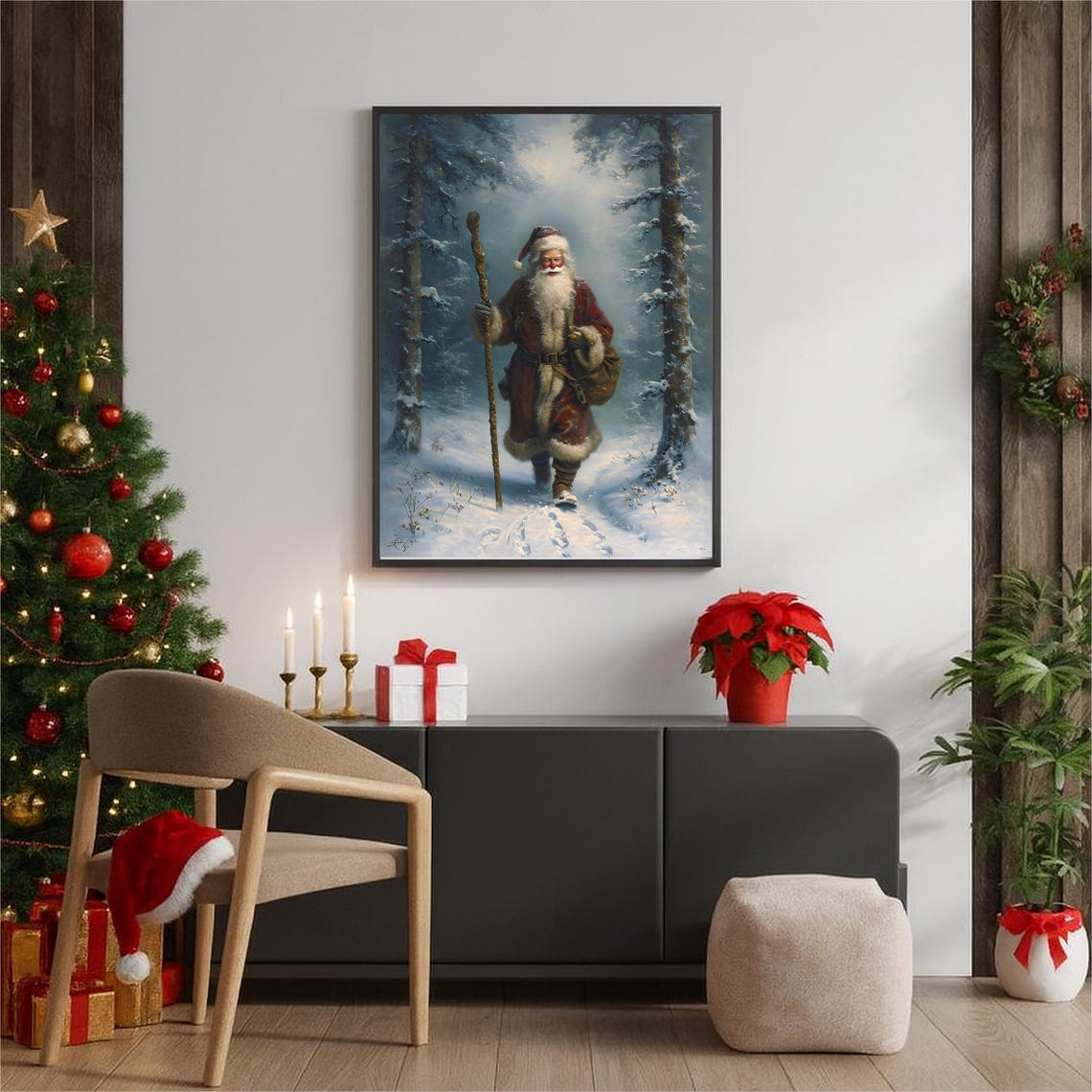 Vintage Santa Walking Snowy Forest Rustic Holiday Painting Poster