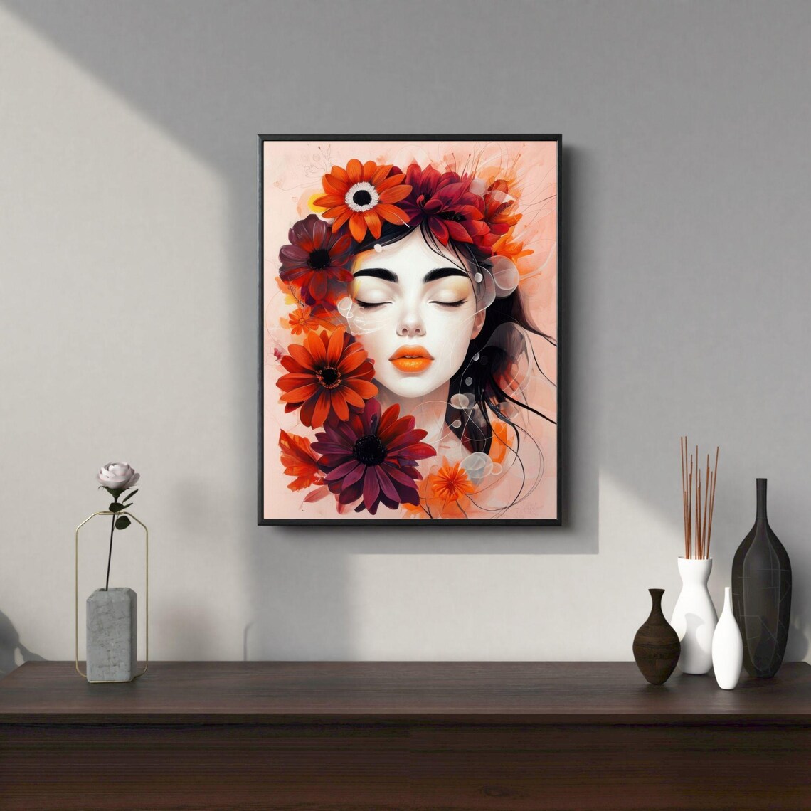 Floral Goddess Woman Portrait with Orange Blossoms Boho Art Poster