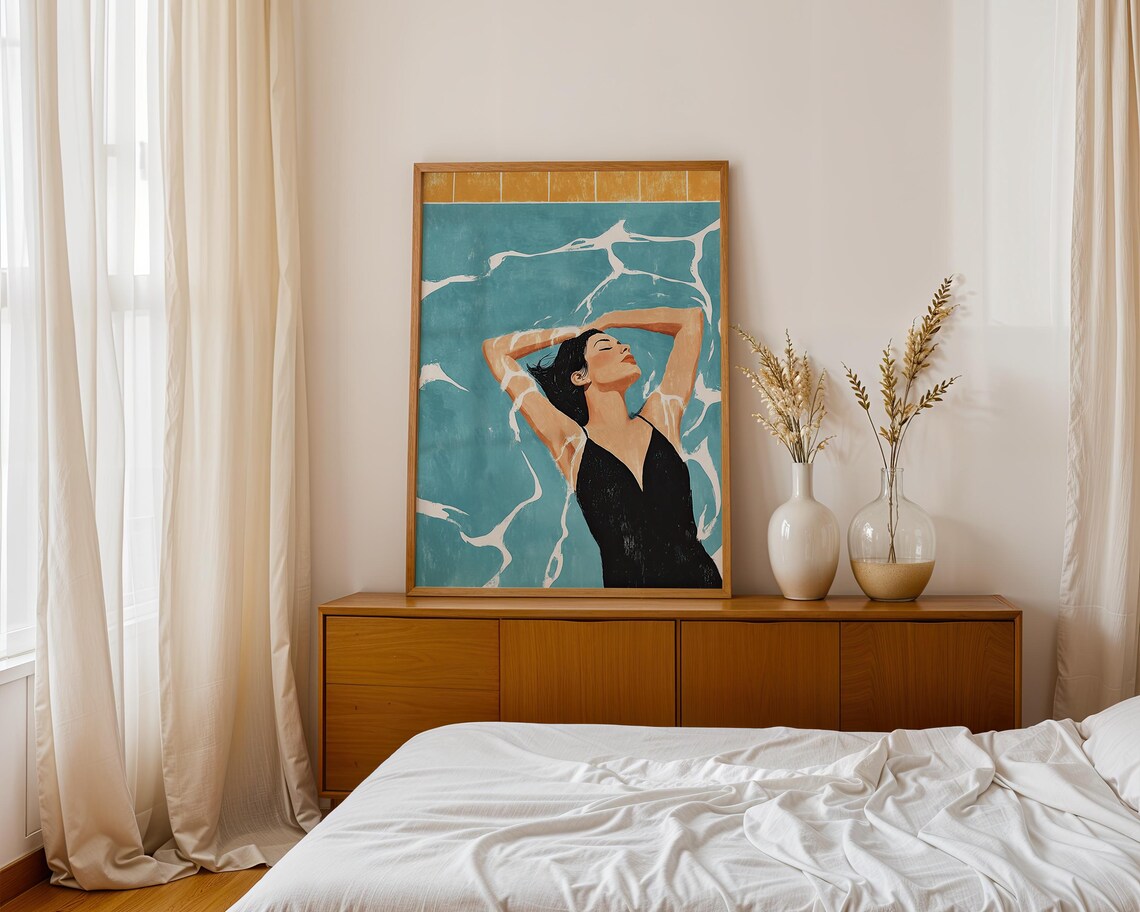 Woman Floating in Turquoise Pool in Black Swimsuit Summer Poster - Image 2