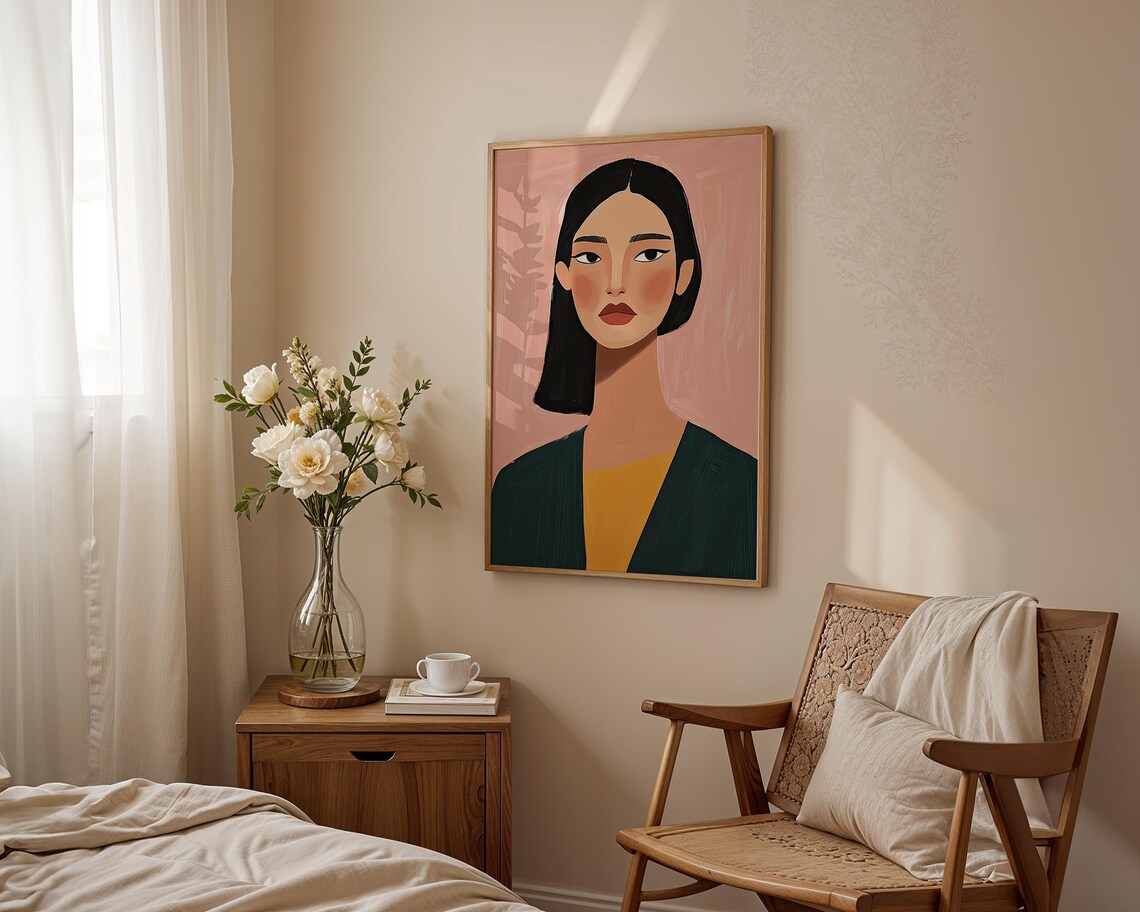 Modern Woman Portrait Pink Background Green Cardigan Bold Flat Illustration Art Poster
