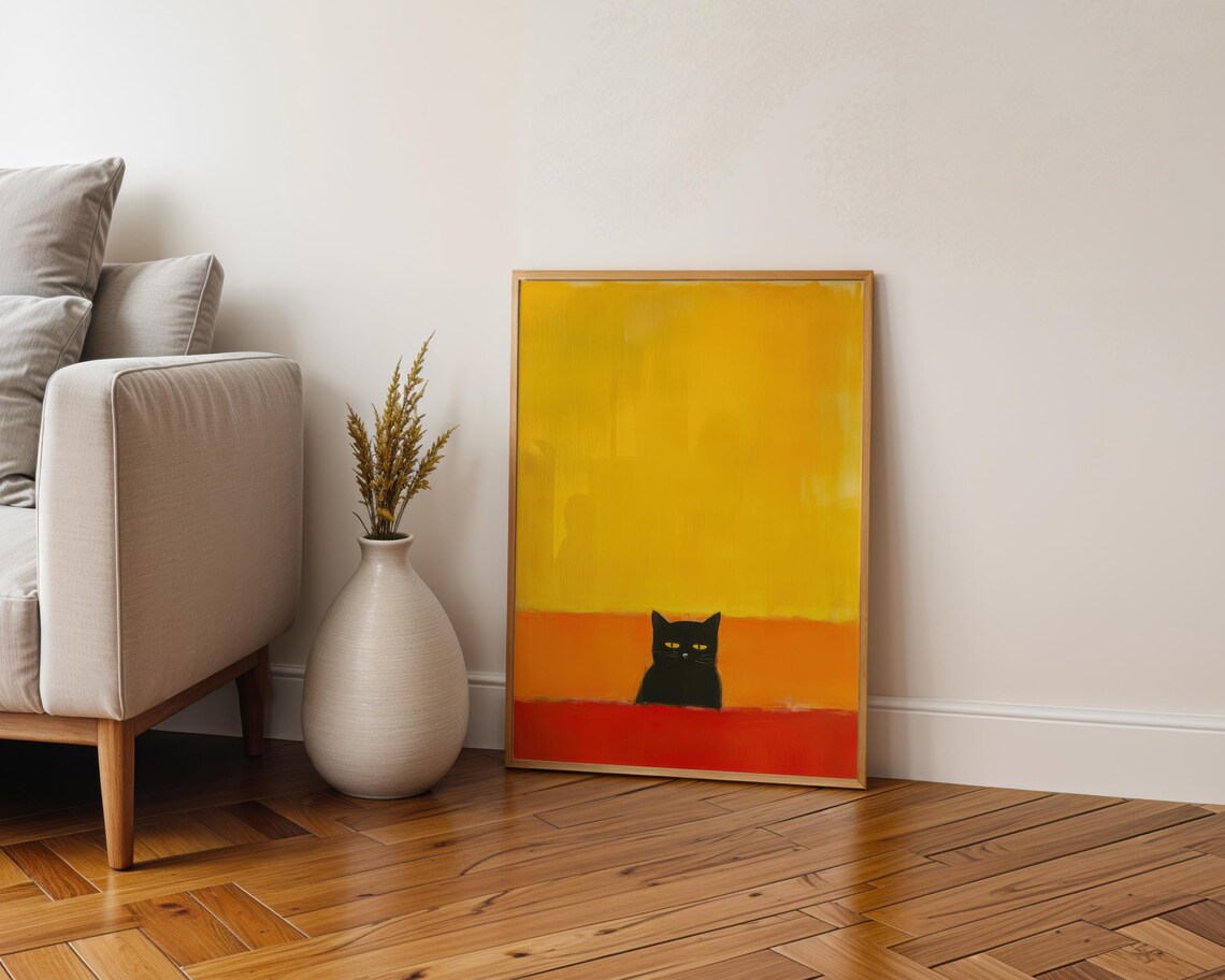 Black Cat with Yellow Eyes on Abstract Sunset Color Block Poster - Image 4