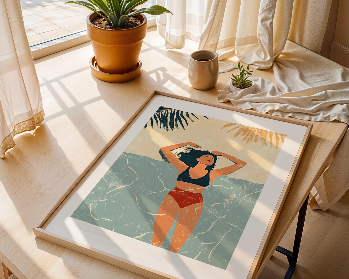 Woman In Bikini Standing In Ocean Water Palm Fronds Minimalist Beach Summer Art Poster - Image 3