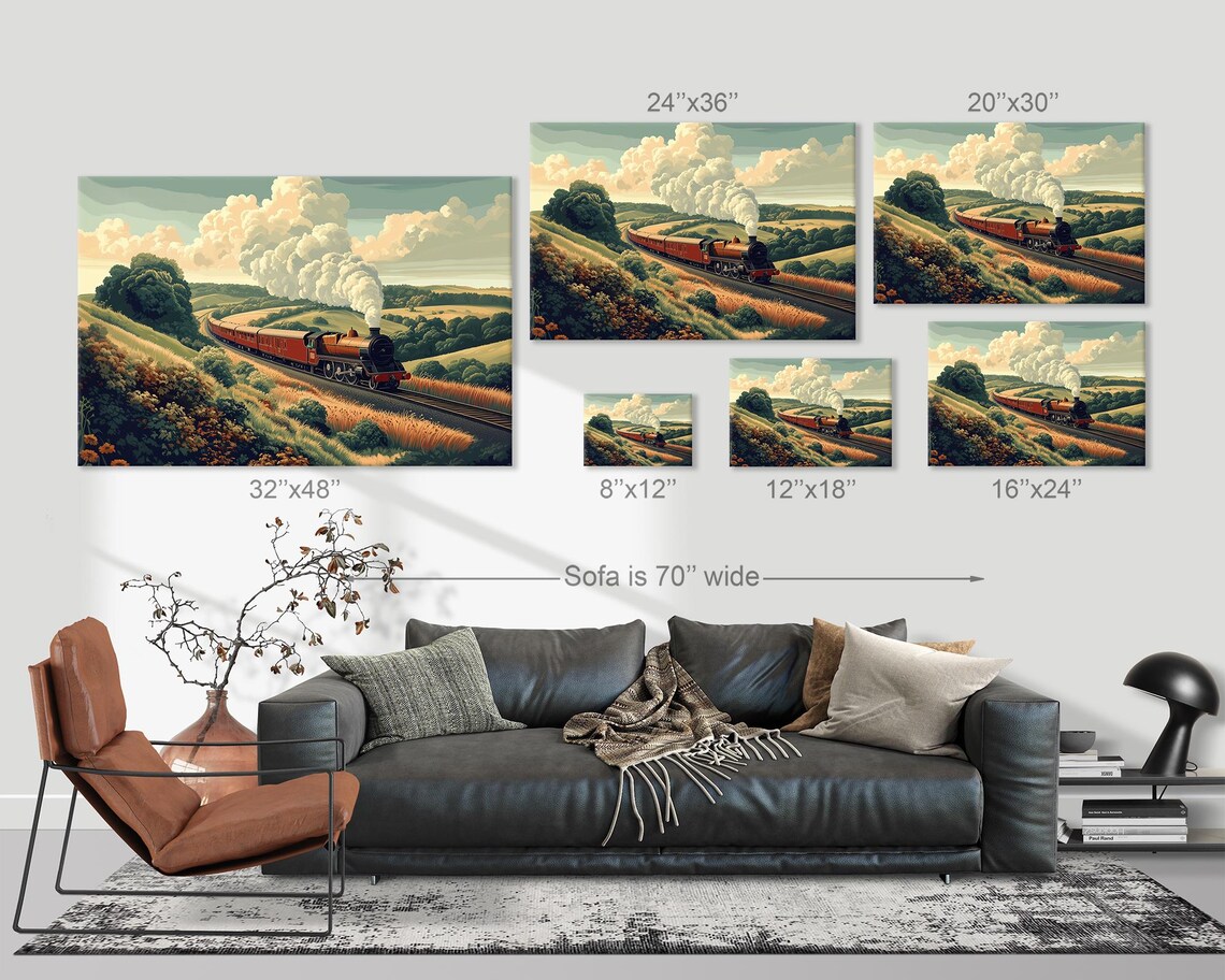Steam Locomotive Through Countryside Fields Retro Travel Wall Art - Image 3