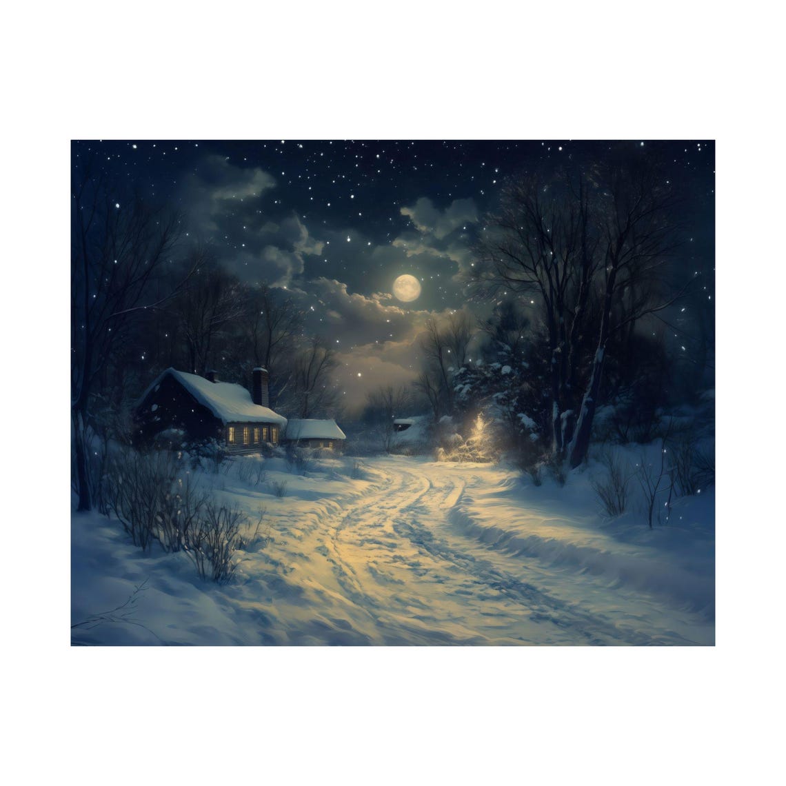 Moonlit Snowy Path Leading To Warm Cabin Under Starry Night Sky Poster - Image 3