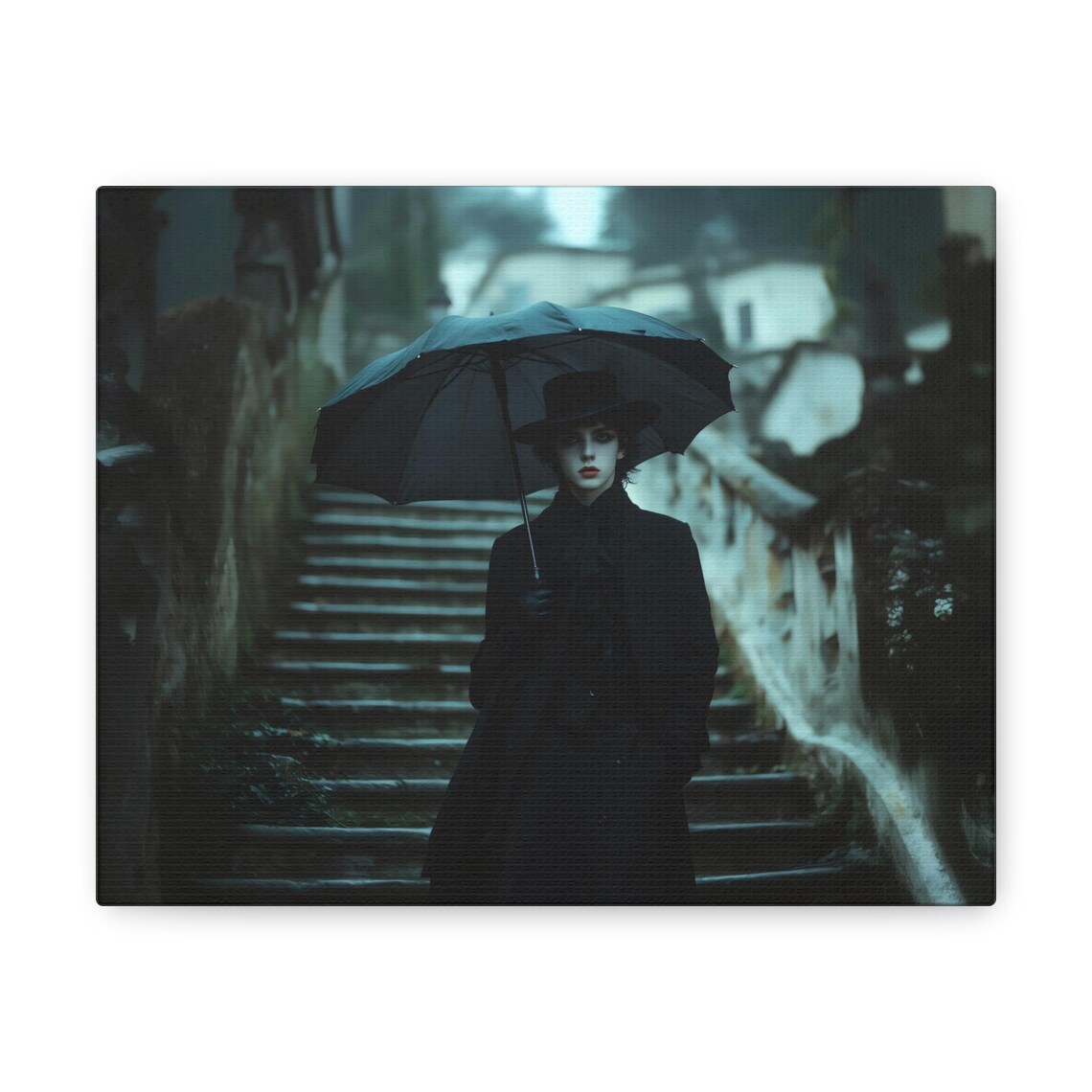 Victorian Gothic Figure with Umbrella on Mossy Stone Stairs Moody Poster - Image 2